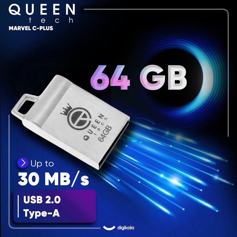 فلش مموری کوئین تک مدل MARVEL C-PLUS ظرفیت 64 گیگابایت با رابط USB 2.0 و USB Type-A، بدنه فلزی مقاوم، سرعت انتقال 30 مگابایت بر ثانیه، سازگار با موبایل، تبلت، کامپیوتر، لپتاپ و تلویزیون