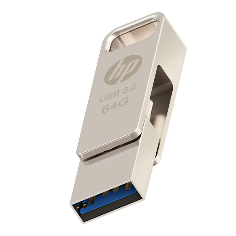 فلش مموری اچپی مدل x206c ظرفیت 64 گیگابایت با طراحی چرخشی، بدنه فلزی، دو رابط USB Type-C و USB Type-A، سرعت انتقال تا 100 مگابایت بر ثانیه و سازگار با ویندوز و مک