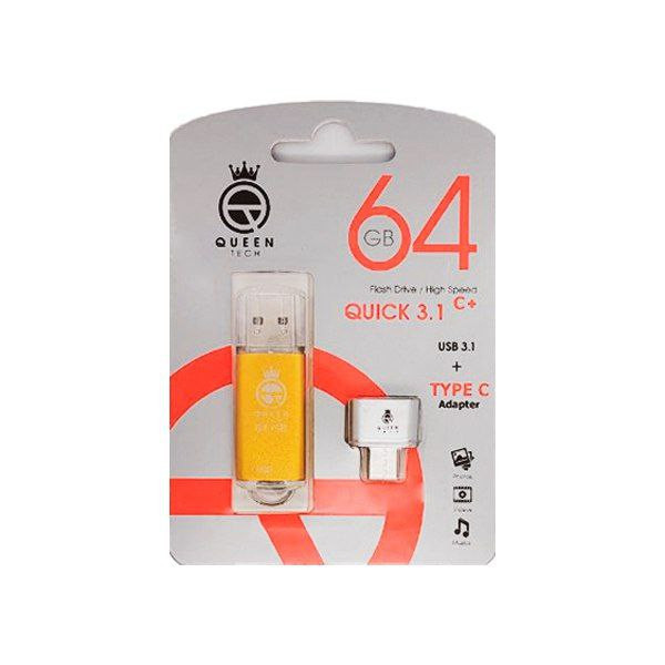 فلش مموری 64 گیگابایت کوئین تک مدل QUICK CPLUS با رابط USB 3.1 Gen1، بدنه فلزی درپوشدار، سرعت انتقال 15 مگابایت بر ثانیه و مبدل USB-C سازگار با موبایل، تبلت، کامپیوتر و تلویزیون