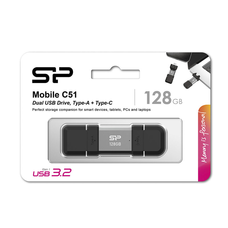 فلش مموری OTG سیلیکون پاور مدل C51 ظرفیت 128 گیگابایت با رابط USB3.2 Type-A و Type-C، مقاوم در برابر ضربه، شوک و گرد و غبار، مناسب تلفن همراه و لپتاپ