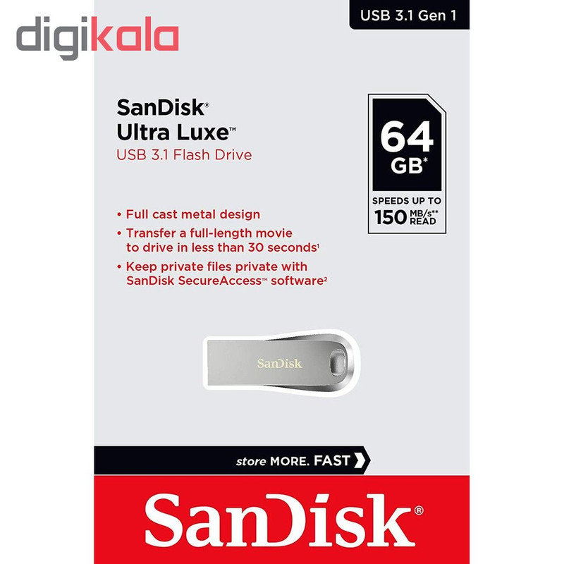 فلش مموری سن دیسک Ultra Luxe ظرفیت 64 گیگابایت با رابط USB 3.1 سرعت خواندن تا 150 مگابایت بر ثانیه، بدنه فلزی مقاوم، پشتیبانی از نرمافزار رمزگذاری اطلاعات