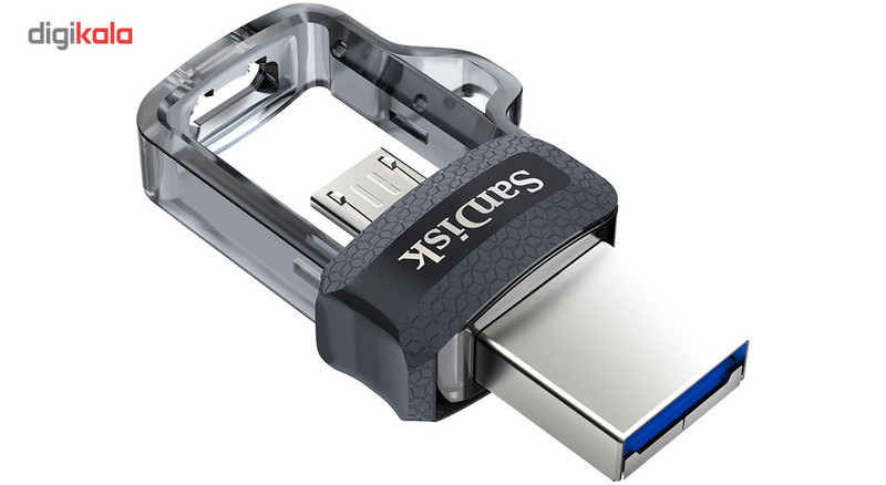 فلشمموری سن دیسک مدل Ultra Dual Drive M3.0 ظرفیت 256 گیگابایت با رابط USB3.0 و microUSB، سرعت خواندن تا 150 مگابایت بر ثانیه، طراحی کشویی و پشتیبانی از اپلیکیشن SanDisk Memory Zone