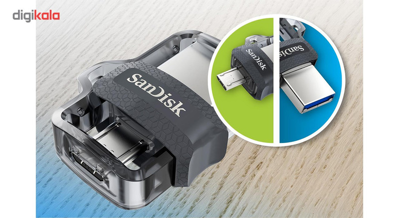 فلشمموری سن دیسک مدل Ultra Dual Drive M3.0 ظرفیت 256 گیگابایت با رابط USB3.0 و microUSB، سرعت خواندن تا 150 مگابایت بر ثانیه، طراحی کشویی و پشتیبانی از اپلیکیشن SanDisk Memory Zone