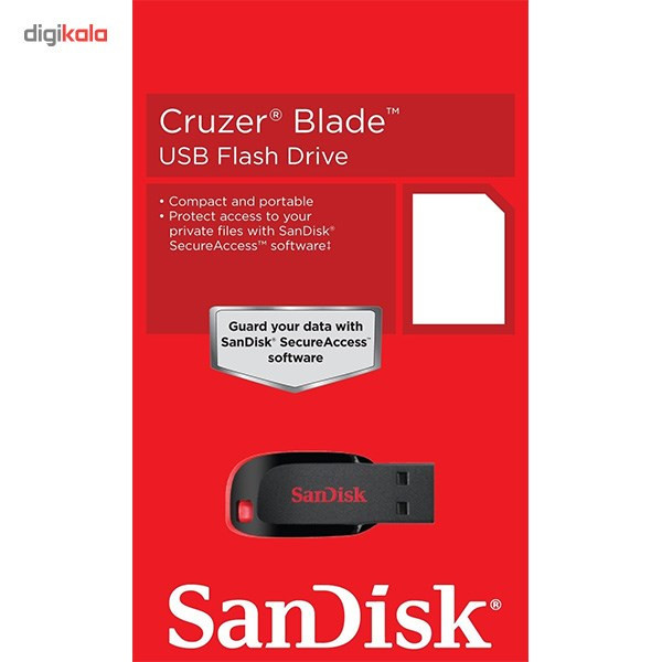 فلش مموری سن دیسک Cruzer Blade CZ50 ظرفیت 32 گیگابایت با رابط USB 2.0، سرعت انتقال 30 مگابایت بر ثانیه، طراحی بدون درپوش و بدنه مات مقاوم در برابر لک و اثر انگشت، دارای شیار اتصال بند و نرمافزار امنیتی