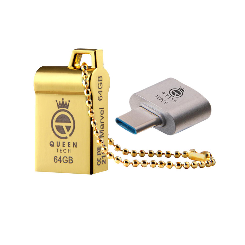 فلش مموری کوئین تک مدل MARVEL C-PLUS ظرفیت 64 گیگابایت با رابط USB 2.0 و USB Type-A، بدنه فلزی مقاوم، سرعت انتقال 30 مگابایت بر ثانیه، سازگار با موبایل، تبلت، کامپیوتر، لپتاپ و تلویزیون