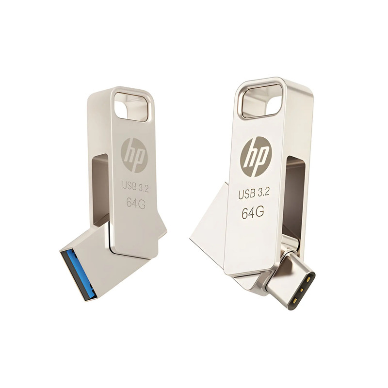 فلش مموری اچپی مدل x206c ظرفیت 64 گیگابایت با طراحی چرخشی، بدنه فلزی، دو رابط USB Type-C و USB Type-A، سرعت انتقال تا 100 مگابایت بر ثانیه و سازگار با ویندوز و مک