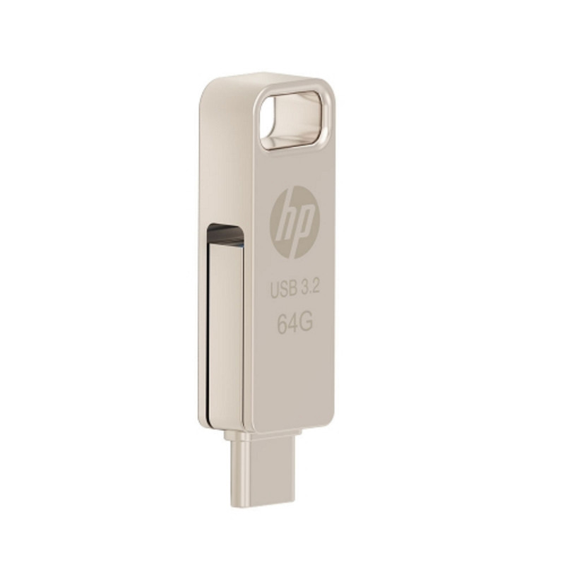 فلش مموری اچپی مدل x206c ظرفیت 64 گیگابایت با طراحی چرخشی، بدنه فلزی، دو رابط USB Type-C و USB Type-A، سرعت انتقال تا 100 مگابایت بر ثانیه و سازگار با ویندوز و مک
