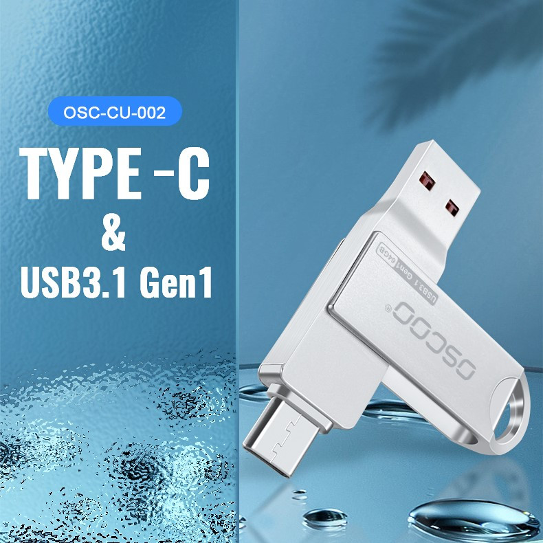 فلش مموری دو سر اتصال اوسکو مدل CU-002 ظرفیت 64 گیگابایت با پورت USB 3.1 و تایپ سی، بدنه فلزی چرخشی 360 درجه، مقاوم در برابر ضربه، شوک و گرد و غبار، سازگار با ویندوز، اندروید، مک و لینوکس