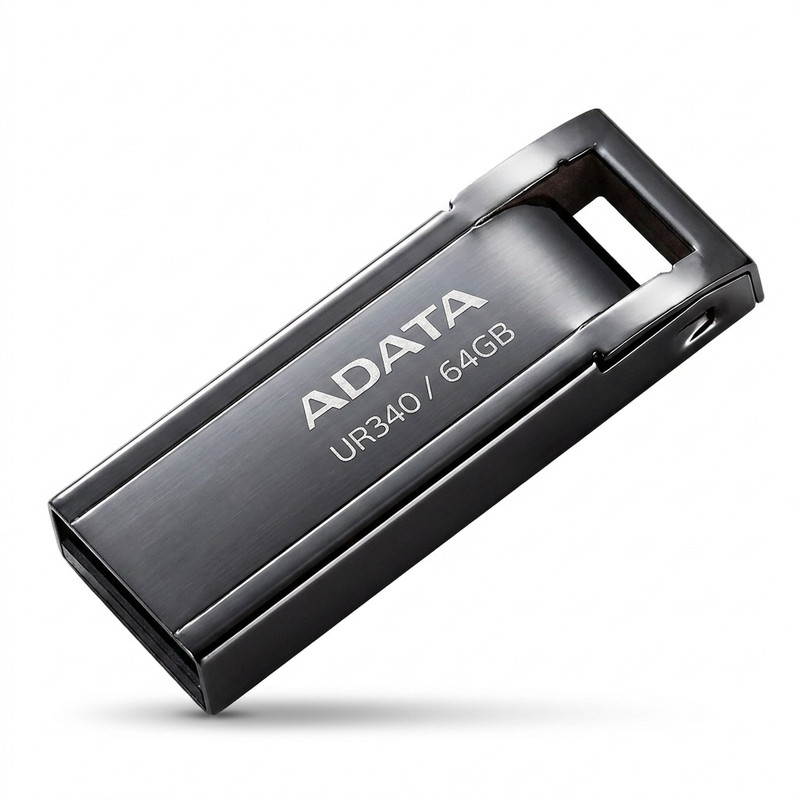 فلش مموری ای دیتا مدل UR340 ظرفیت 64 گیگابایت با بدنه فلزی، رابط USB 3.2 Gen1 Type-A، سرعت انتقال 100 مگابایت بر ثانیه و پشتیبانی از سیستم‌عامل‌های ویندوز، مک و لینوکس