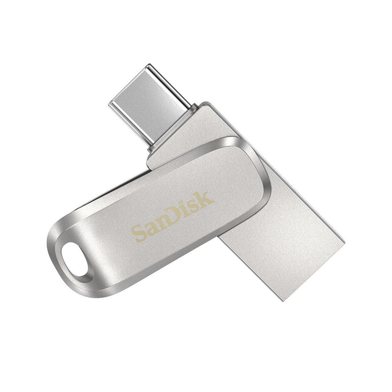 فلش مموری سن دیسک Ultra Dual Drive Luxe ظرفیت 512 گیگابایت با دو رابط USB 3.2 Type-C و Type-A، طراحی چرخشی، بدنه فلزی و سازگار با گوشی، تبلت، کامپیوتر و تلویزیون