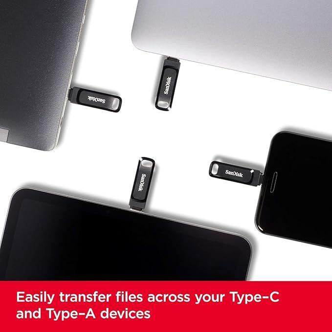 فلش مموری سن دیسک Ultra Dual Drive Go ظرفیت 256 گیگابایت با دو رابط USB Type-C و USB Type-A، طراحی چرخشی، سرعت خواندن 150 مگابایت بر ثانیه، سازگار با کامپیوتر، لپتاپ، تبلت و گوشی موبایل