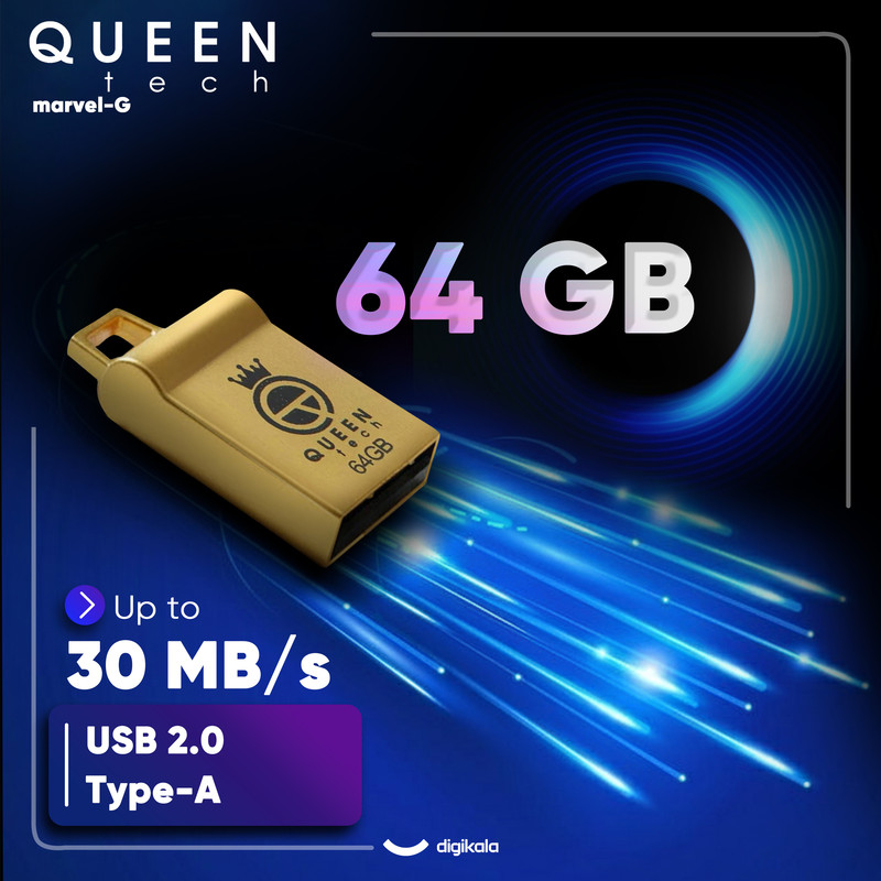فلش مموری کوئین تک Marvel ظرفیت 64 گیگابایت، رابط USB 2.0، بدنه فلزی مقاوم ضد آب و ضد شوک، طراحی فشرده و بند دار، سرعت انتقال 30 مگابایت بر ثانیه، سازگار با کامپیوتر، لپتاپ، تبلت و گوشی موبایل