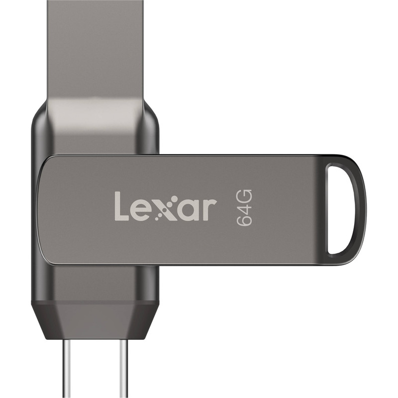 فلش مموری لکسار مدل JumpDrive Dual Drive D400 ظرفیت 32 گیگابایت، دو درگاه USB Type-C و Type-A، سرعت انتقال 130 مگابایت بر ثانیه، مقاوم در برابر آب، ضربه، شوک و گرد و غبار، بدنه فلزی چرخشی و رمزگذاری خودکار اطلاعات