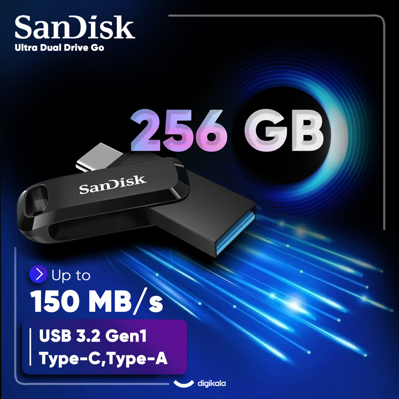 فلش مموری سن دیسک Ultra Dual Drive Go ظرفیت 256 گیگابایت با دو رابط USB Type-C و USB Type-A، طراحی چرخشی، سرعت خواندن 150 مگابایت بر ثانیه، سازگار با کامپیوتر، لپتاپ، تبلت و گوشی موبایل