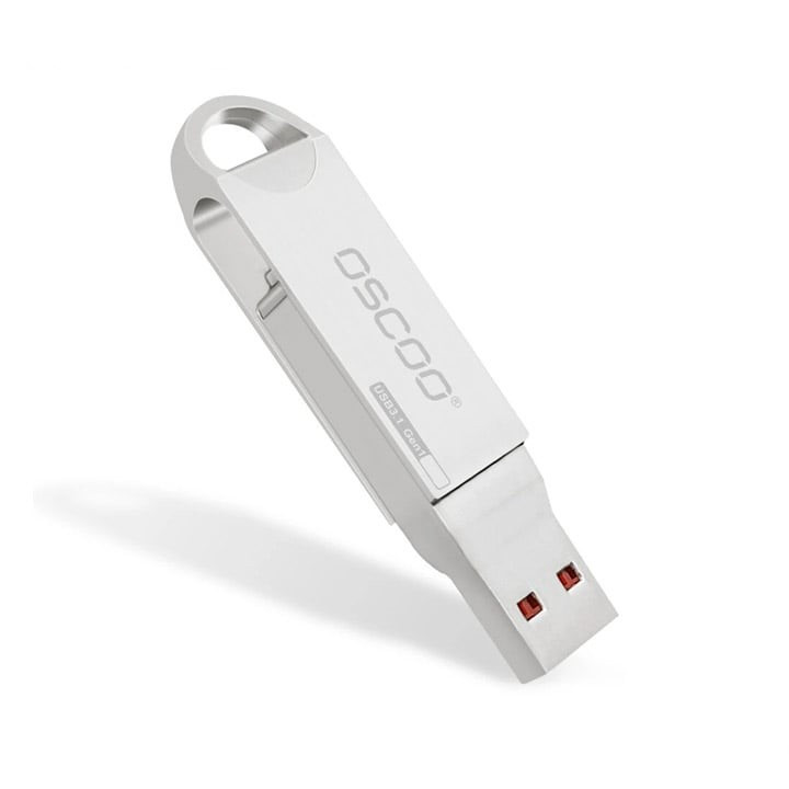 فلش مموری دو سر اتصال اوسکو مدل CU-002 ظرفیت 64 گیگابایت با پورت USB 3.1 و تایپ سی، بدنه فلزی چرخشی 360 درجه، مقاوم در برابر ضربه، شوک و گرد و غبار، سازگار با ویندوز، اندروید، مک و لینوکس
