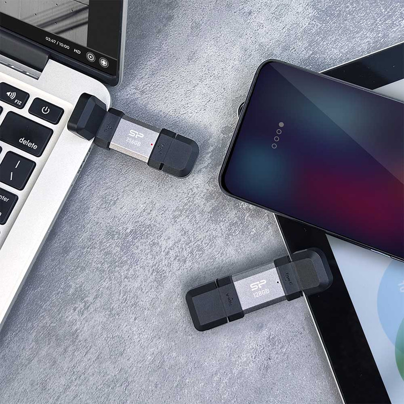 فلش مموری OTG سیلیکون پاور مدل C51 ظرفیت 128 گیگابایت با رابط USB3.2 Type-A و Type-C، مقاوم در برابر ضربه، شوک و گرد و غبار، مناسب تلفن همراه و لپتاپ