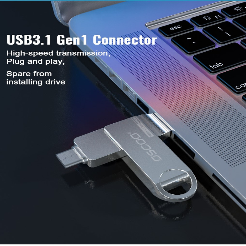 فلش مموری دو سر اتصال اوسکو مدل CU-002 ظرفیت 64 گیگابایت با پورت USB 3.1 و تایپ سی، بدنه فلزی چرخشی 360 درجه، مقاوم در برابر ضربه، شوک و گرد و غبار، سازگار با ویندوز، اندروید، مک و لینوکس