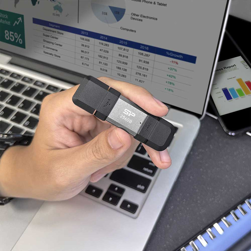 فلش مموری OTG سیلیکون پاور مدل C51 ظرفیت 128 گیگابایت با رابط USB3.2 Type-A و Type-C، مقاوم در برابر ضربه، شوک و گرد و غبار، مناسب تلفن همراه و لپتاپ