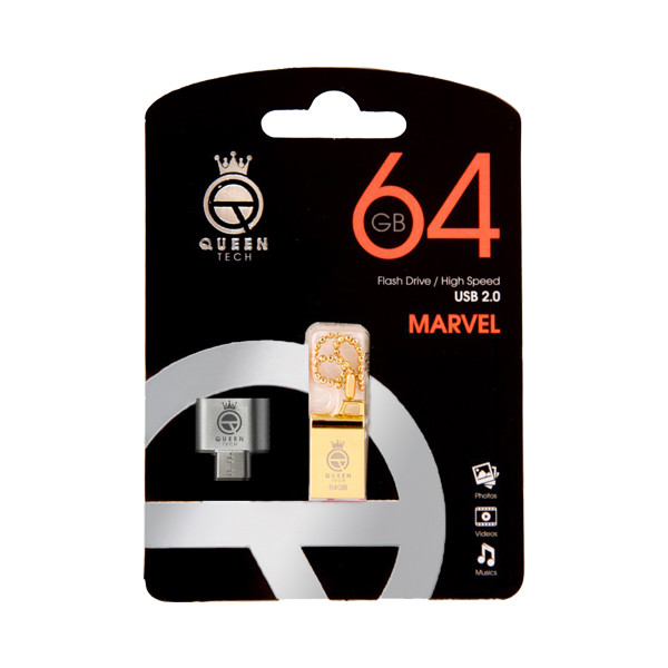 فلش مموری کوئین تک مدل MARVEL C-PLUS ظرفیت 64 گیگابایت با رابط USB 2.0 و USB Type-A، بدنه فلزی مقاوم، سرعت انتقال 30 مگابایت بر ثانیه، سازگار با موبایل، تبلت، کامپیوتر، لپتاپ و تلویزیون