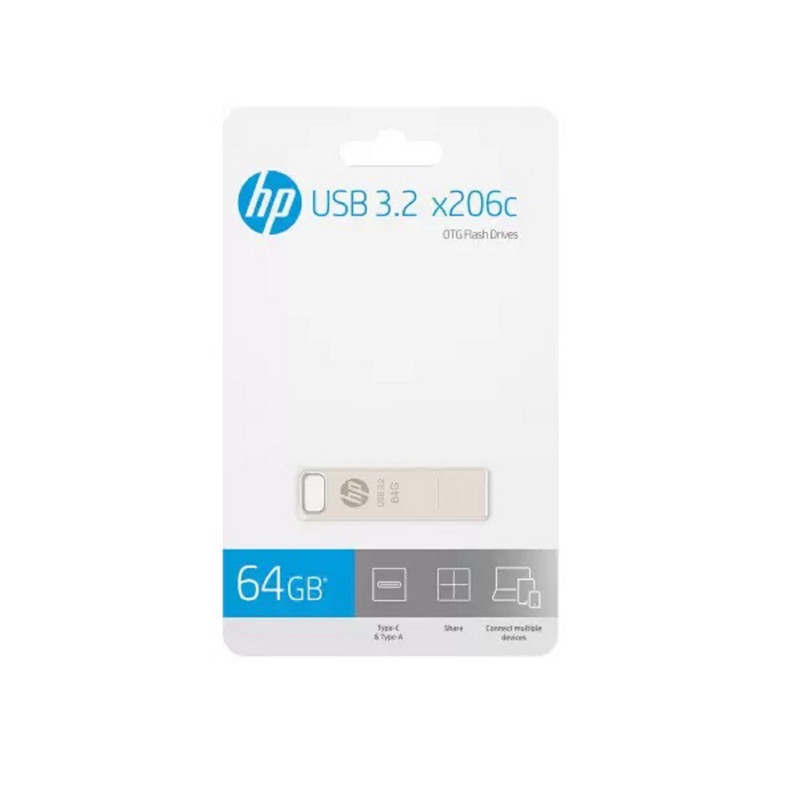 فلش مموری اچپی مدل x206c ظرفیت 64 گیگابایت با طراحی چرخشی، بدنه فلزی، دو رابط USB Type-C و USB Type-A، سرعت انتقال تا 100 مگابایت بر ثانیه و سازگار با ویندوز و مک