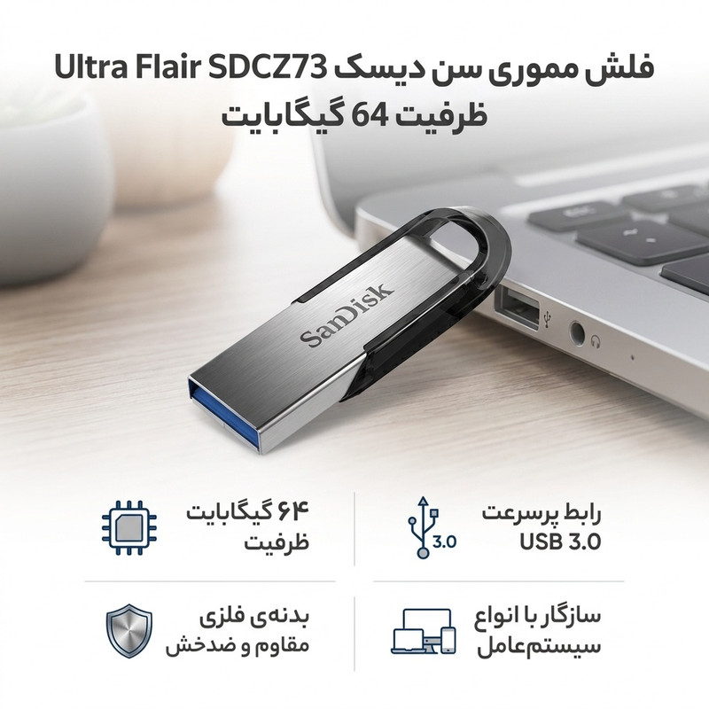 فلش مموری USB 3.0 سن دیسک مدل Ultra Flair SDCZ73 ظرفیت 64 گیگابایت