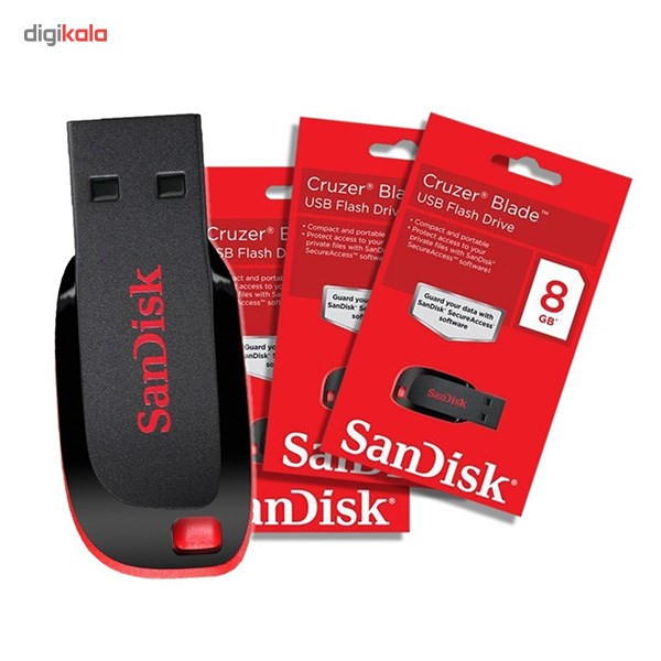 فلش مموری 64 گیگابایت سن دیسک مدل Cruzer Blade CZ50 با رابط USB 2.0، بدنه مات مقاوم در برابر اثر انگشت، قابلیت رمزگذاری نرم‌افزاری و شیار اتصال بند