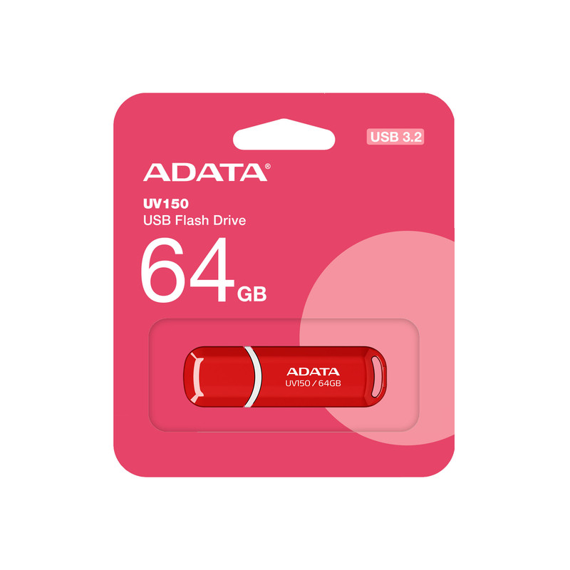 فلش مموری ای دیتا مدل UV150 ظرفیت 64 گیگابایت، رابط USB 3.2 Gen1 با سرعت خواندن 100 مگابایت بر ثانیه، درپوشدار، سازگار با ویندوز، مک و لینوکس، مناسب موبایل، تبلت، لپتاپ و تلویزیون