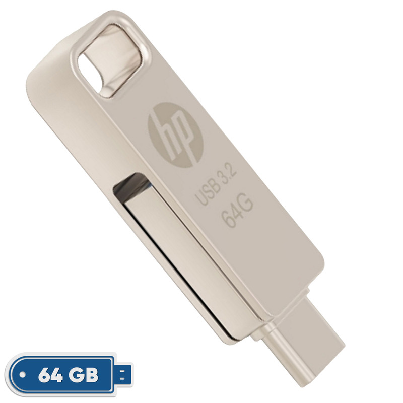 فلش مموری اچپی مدل x206c ظرفیت 64 گیگابایت با طراحی چرخشی، بدنه فلزی، دو رابط USB Type-C و USB Type-A، سرعت انتقال تا 100 مگابایت بر ثانیه و سازگار با ویندوز و مک