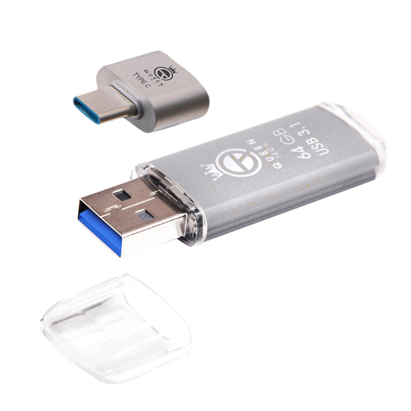 فلش مموری 64 گیگابایت کوئین تک مدل QUICK CPLUS با رابط USB 3.1 Gen1، بدنه فلزی درپوش‌دار، سرعت انتقال 15 مگابایت بر ثانیه و مبدل USB-C سازگار با موبایل، تبلت، کامپیوتر و تلویزیون