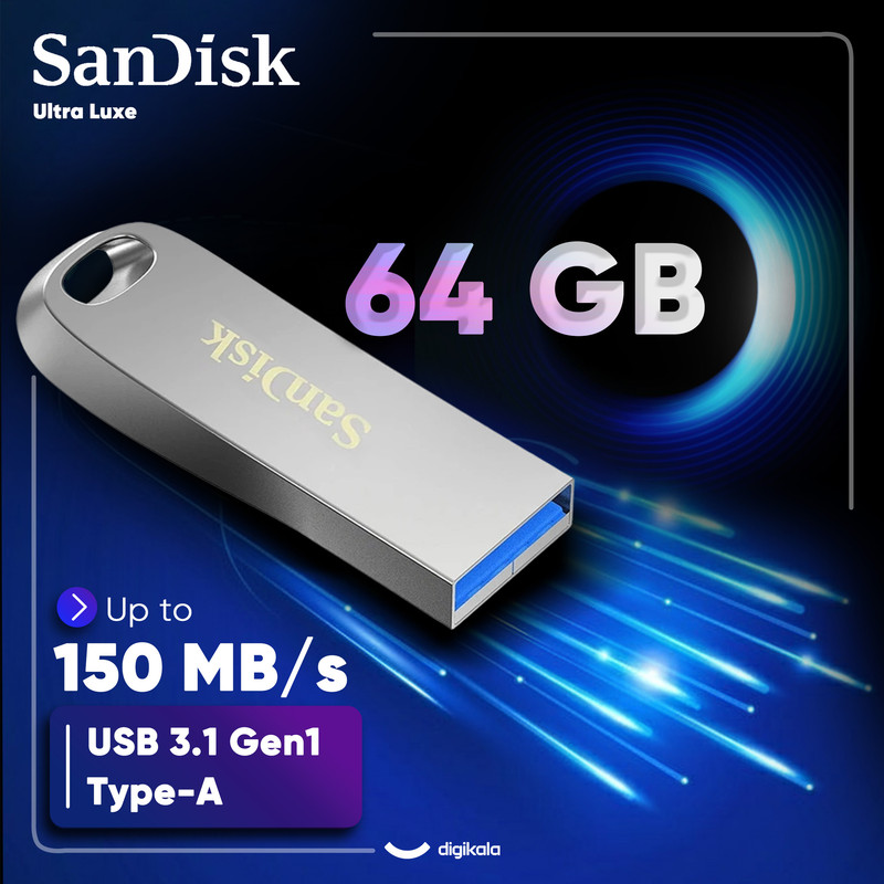 فلش مموری سن دیسک Ultra Luxe ظرفیت 64 گیگابایت با رابط USB 3.1 سرعت خواندن تا 150 مگابایت بر ثانیه، بدنه فلزی مقاوم، پشتیبانی از نرمافزار رمزگذاری اطلاعات