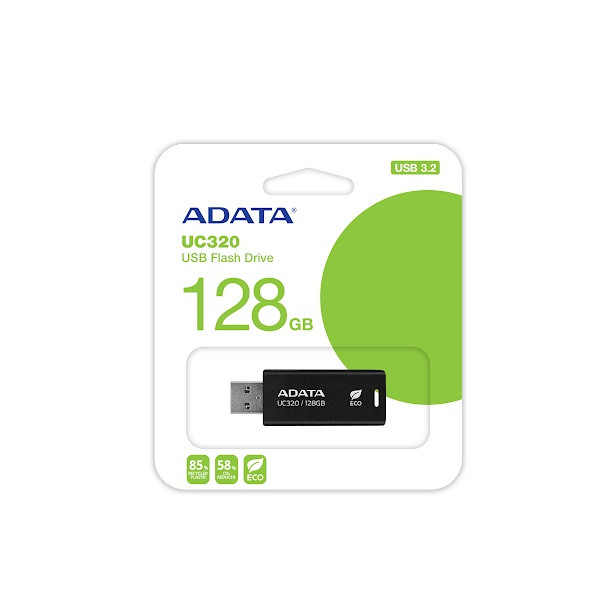 فلش مموری ای دیتا مدل UC320 ظرفیت 128 گیگابایت با رابط USB 3.2، مقاوم در برابر ضربه و طراحی کشویی، سازگار با سیستمعاملهای ویندوز، مک و لینوکس، ساخته شده از پلاستیک بازیافتی
