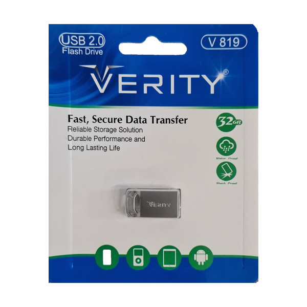 فلش مموری 32 گیگابایت وریتی مدل V-819 با رابط USB 2.0، بدنه فلزی مقاوم و ضد خش، سرعت انتقال 30 مگابایت بر ثانیه، سازگار با گوشی، تبلت، کامپیوتر و تلویزیون