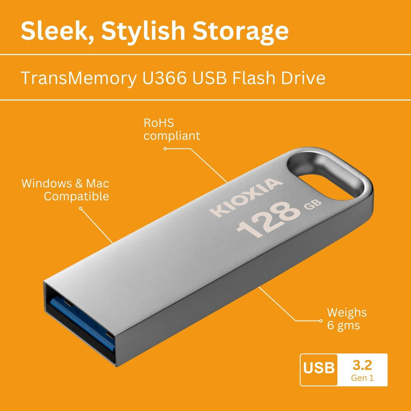 فلشمموری 128 گیگابایت کیوکسیا مدل U366 با بدنه فلزی، رابط USB 3.2، سرعت انتقال 200 مگابایت بر ثانیه، مقاوم در برابر ضربه و قابلیت اتصال به بند کلید