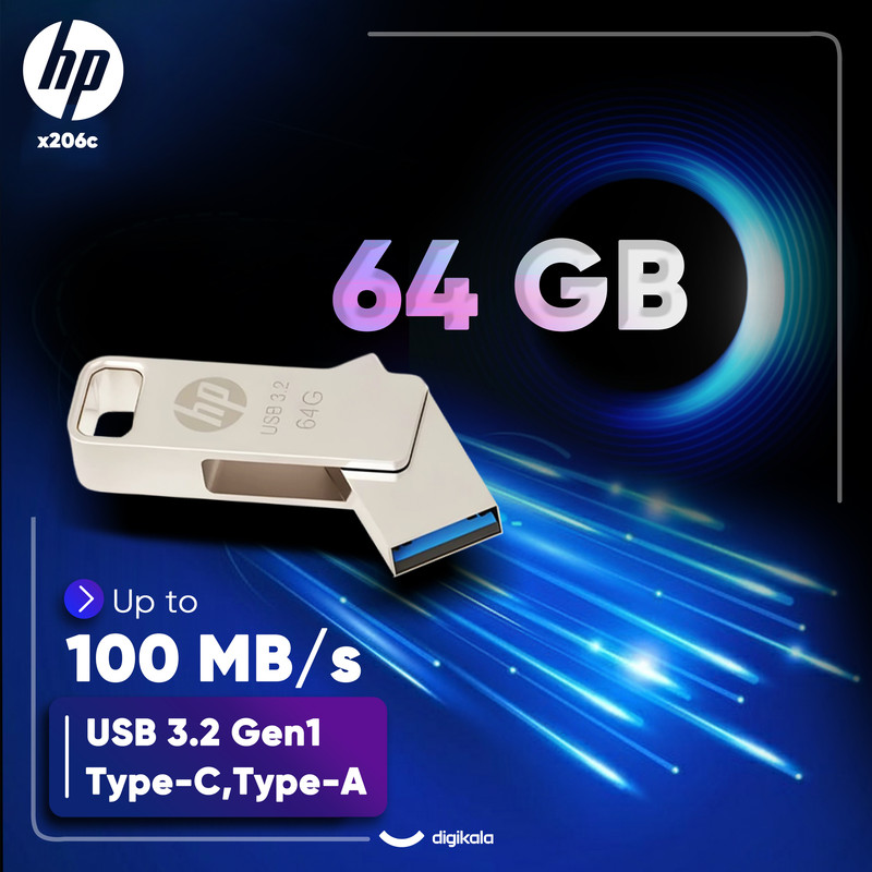 فلش مموری اچپی مدل x206c ظرفیت 64 گیگابایت با طراحی چرخشی، بدنه فلزی، دو رابط USB Type-C و USB Type-A، سرعت انتقال تا 100 مگابایت بر ثانیه و سازگار با ویندوز و مک