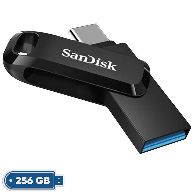 فلش مموری سن دیسک Ultra Dual Drive Go ظرفیت 256 گیگابایت با دو رابط USB Type-C و USB Type-A، طراحی چرخشی، سرعت خواندن 150 مگابایت بر ثانیه، سازگار با کامپیوتر، لپتاپ، تبلت و گوشی موبایل