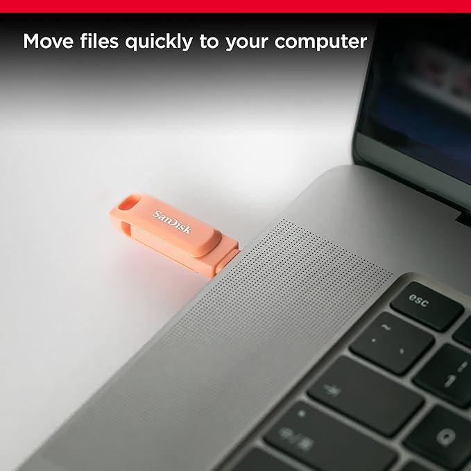 فلش مموری سن دیسک Ultra Dual Drive Go ظرفیت 256 گیگابایت با دو رابط USB Type-C و USB Type-A، طراحی چرخشی، سرعت خواندن 150 مگابایت بر ثانیه، سازگار با کامپیوتر، لپتاپ، تبلت و گوشی موبایل