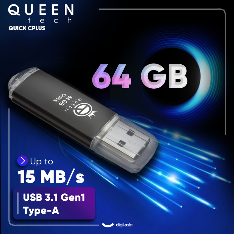 فلش مموری 64 گیگابایت کوئین تک مدل QUICK CPLUS با رابط USB 3.1 Gen1، بدنه فلزی درپوشدار، سرعت انتقال 15 مگابایت بر ثانیه و مبدل USB-C سازگار با موبایل، تبلت، کامپیوتر و تلویزیون