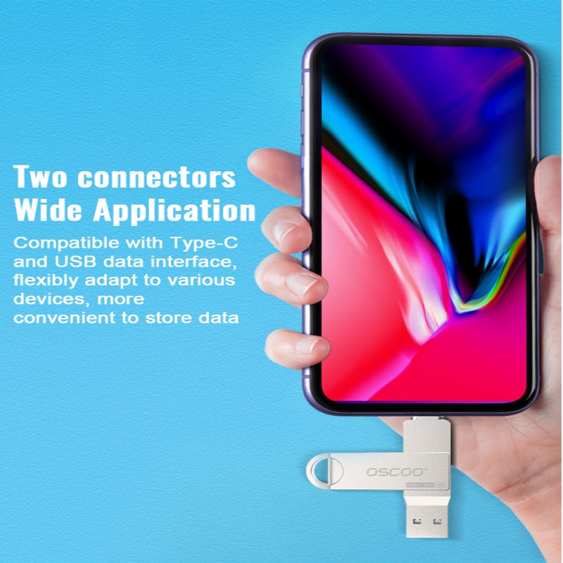 فلش مموری دو سر اتصال اوسکو مدل CU-002 ظرفیت 64 گیگابایت با پورت USB 3.1 و تایپ سی، بدنه فلزی چرخشی 360 درجه، مقاوم در برابر ضربه، شوک و گرد و غبار، سازگار با ویندوز، اندروید، مک و لینوکس