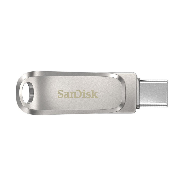 فلش مموری سن دیسک مدل Dual Drive Luxe ظرفیت 128 گیگابایت با طراحی چرخشی، دو رابط USB Type-C و USB Type-A، سرعت انتقال 150 مگابایت بر ثانیه، بدنه فلزی و سازگار با موبایل، تبلت، کامپیوتر و تلویزیون